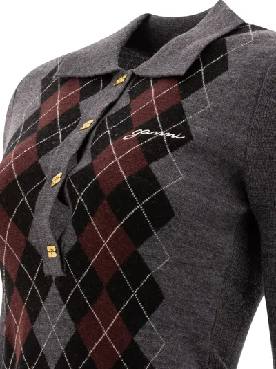 Ganni Grey Sweater With Classic Collar And Check Motif On The Front In Wool Woman