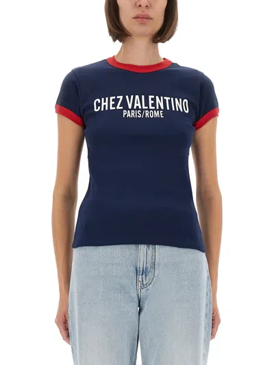 Valentino Crew Neck Cotton T-shirt With Contrast Trim In Blue