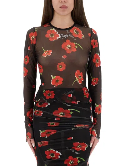 Moschino Floral Print Crew Neck Sheer Fabric Top