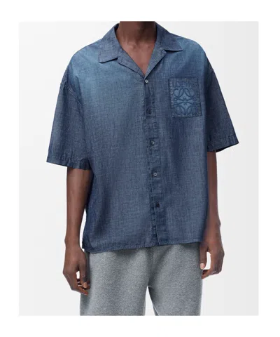 Loewe Embroidered-pocket Short-sleeve Shirt In Blue