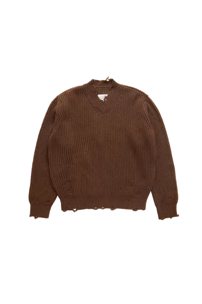 Mm6 Maison Margiela Mm6 V-neck Sweater Brown Melange