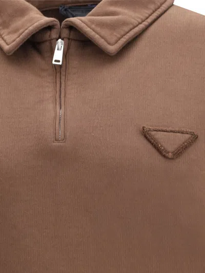 Prada Ribbed Polo Sweatshirt With Collar And Cuffs In Brown