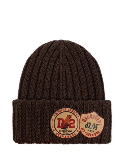 Dsquared2 Ribbed-knit Logo-patch Beanie In Black