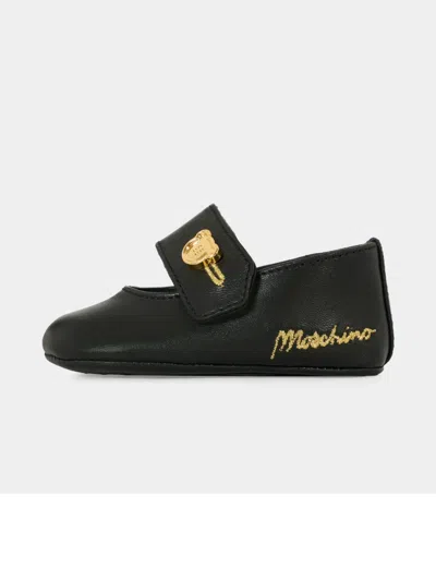 Moschino Embroidered-logo Ballerina Shoes In Black