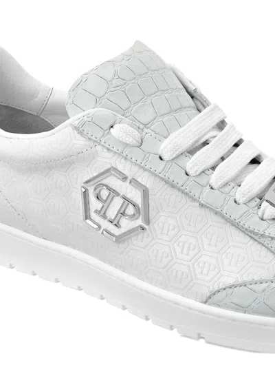 Philipp Plein Mixed Monogram Crocodile-effect Sneakers In White