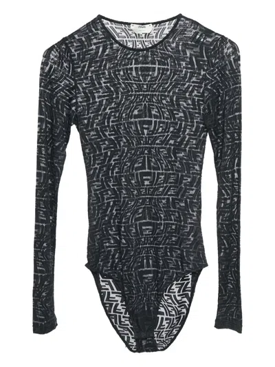Pre-owned Fendi Ff-pattern Sheer Bodysuit