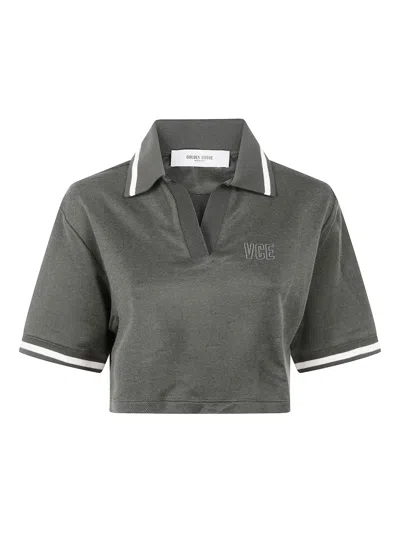 Golden Goose "journey W`s" Medium Crop Polo Fluid Jersey Knitted Rib Micro Piquet Tonal Embroidery C In Gray