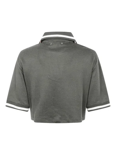 Golden Goose "journey W`s" Medium Crop Polo Fluid Jersey Knitted Rib Micro Piquet Tonal Embroidery C In Gray