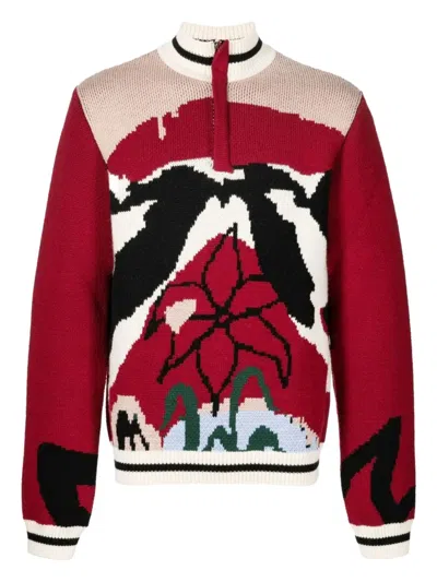 Bethany Williams Abstract-floral Half-zip Sweater In Burgundy