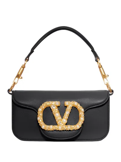 Valentino Small Leather Shoulder Bag With Crystal And Pearl Embellishments In Black