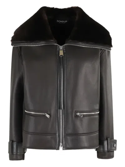 Dondup Double-zip Leather Jacket With Luxurious Fur Collar In Black