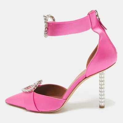 Pre-owned Malone Souliers X Emily In Paris Pink Satin Camille Ankle Strap Pumps Size 39