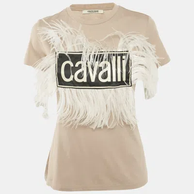 Pre-owned Roberto Cavalli Beige Cotton And Modal Faux Feather Detail T-shirt Xs In Sand