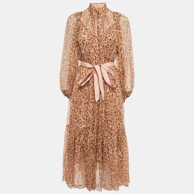 Pre-owned Zimmermann Brown Animal Printed Silk Belted Tempa Midi Dress S