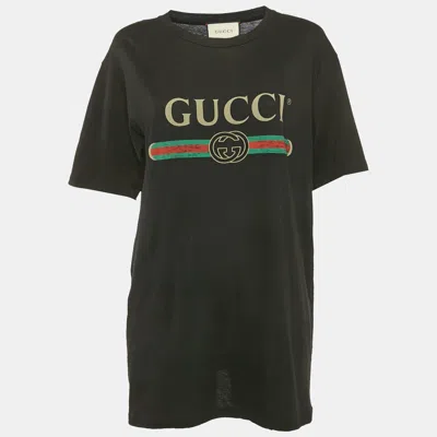 Pre-owned Gucci Black Vintage Logo Print Jersey Distressed T-shirt S