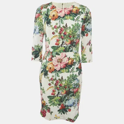 Pre-owned Dolce & Gabbana White Floral Print Silk Knee-length Dress L