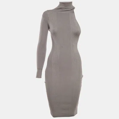 Pre-owned Elisabetta Franchi Grey Rib Knit One Shoulder Bodycon Dress M In Gray