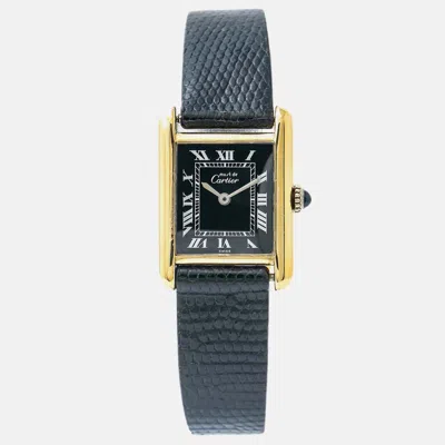 Pre-owned Cartier Tank Quartz Black 18k Yellow Gold Women's Wristwatch 20 Mm