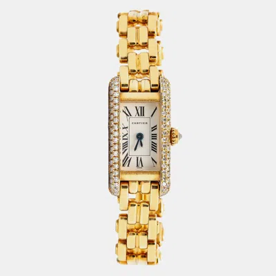 Pre-owned Cartier Tank Allongee W15007k3 Automatic White 18k Yellow Gold Diamond Women's Wristwatch 14x28mm