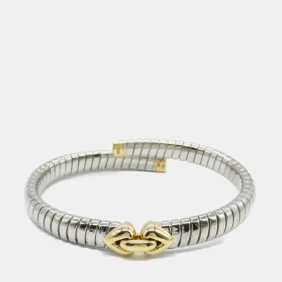 Pre-owned Bvlgari Stainless Steel And 18k Yellow Gold Tubogas Hearts Open Flex Bangle