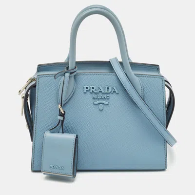 Pre-owned Prada Light Blue Saffiano Leather Small Monochrome Tote