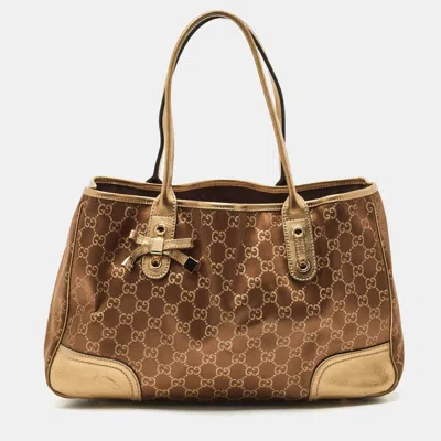 Pre-owned Gucci Gold/brown Gg Satin And Leather Princy Tote
