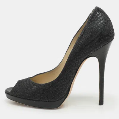 Pre-owned Jimmy Choo Black Glitter Fabric And Leather Luna Platform Pumps Size 39