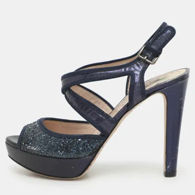 Pre-owned Miu Miu Blue Glitter And Velvet Ankle Strap Sandals Size 38.5
