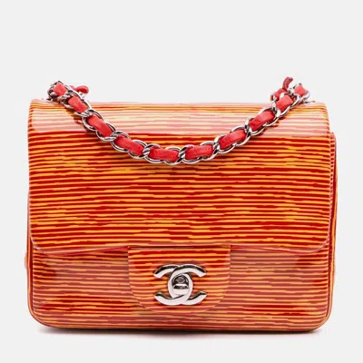 Pre-owned Chanel Orange Mini Square Classic Patent Striped Single Flap