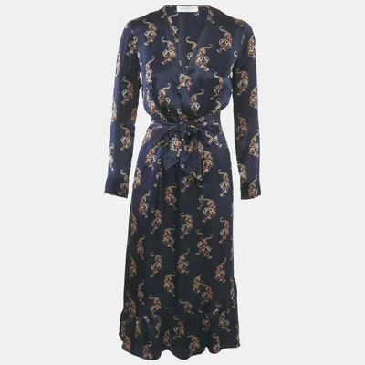 Pre-owned Sandro Navy Blue Oriental Tiger Print Satin Silk Wrap Dress S
