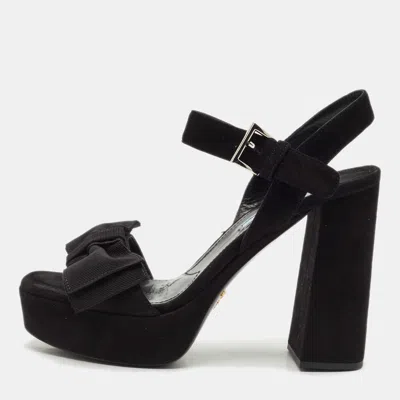 Pre-owned Prada Black Suede Ankle Strap Block Heel Platform Sandals Size 39