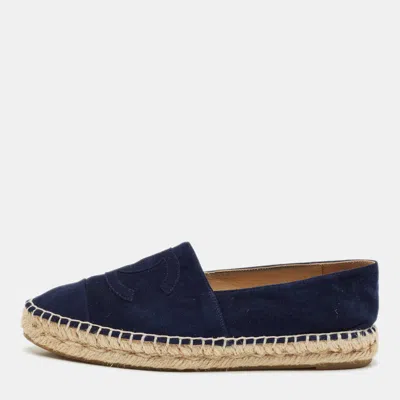 Pre-owned Chanel Navy Blue Suede Cc Cap Toe Espadrille Flats Size 39