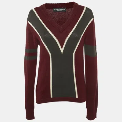 Pre-owned Dolce & Gabbana Red Intarsia Wool Knit V-neck Sweater L