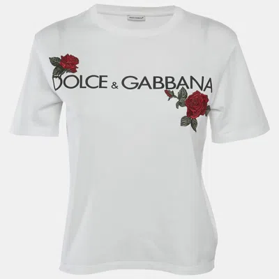 Pre-owned Dolce & Gabbana Kids White Logo Print Cotton Rose Applique Detail T-shirt 12+ Yrs