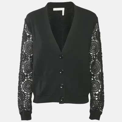 Pre-owned Chloé Black Wool And Lace Button Front Cardigan M