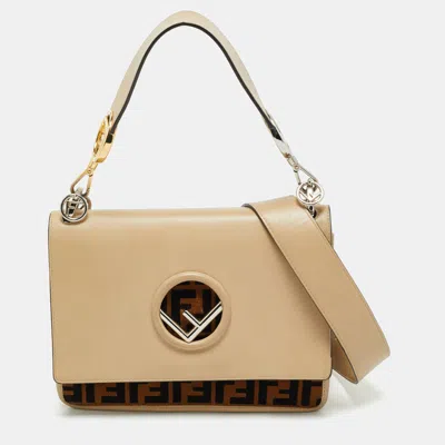 Pre-owned Fendi Beige/brown Leather And Velvet Kan I F Logo Shoulder Bag