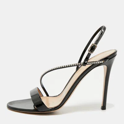 Pre-owned Gianvito Rossi Black Patent Leather Crystal Embellished Slingback Sandals Size 39