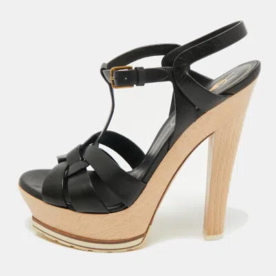 Pre-owned Saint Laurent Yves Saint Laurant Black Leather Tribute Platform Sandals Size 37.5