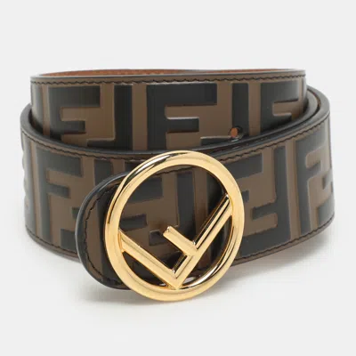 Pre-owned Fendi Brown Zucca Embossed Leather F Logo Round Buckle Belt 75cm