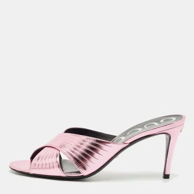 Pre-owned Gucci Metallic Pink Leather Criss Cross Slide Sandals Size 37