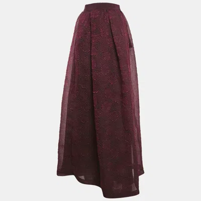 Pre-owned Max Mara Burgundy Floral Embossed Organza Silk Maxi Skirt M