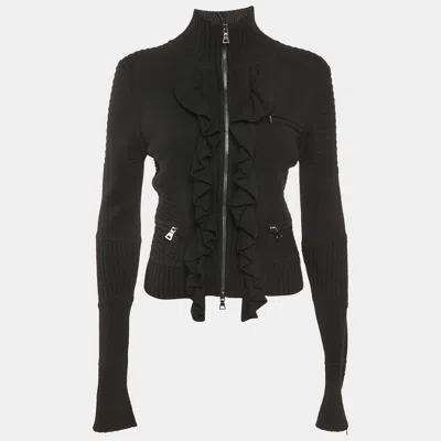 Pre-owned Diane Von Furstenberg Black Wool Knit Ruffled Zip-up Madelyne Cardigan S