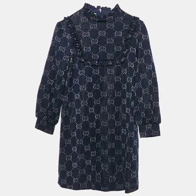 Pre-owned Gucci Kids Navy Blue Lurex And Cotton Intarsia Knit Ruffled Dress 12 Yrs