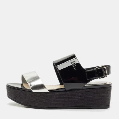 Pre-owned Dior Silver/black Leather And Patent Platform Wedge Sandals Size 39