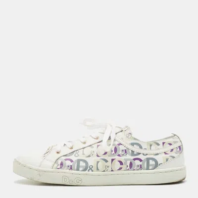 Pre-owned Dolce & Gabbana D & G White Leather D & G Allover Low Top Sneakers Size 37