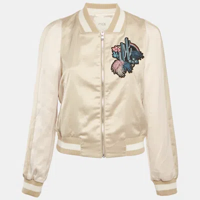Pre-owned Maje Beige Cactus Applique Satin Bomber Jacket L