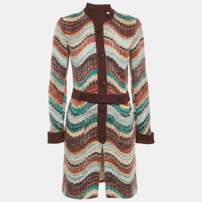 Pre-owned Missoni Multicolor Zig Zag Wool Knit Belted Coat S
