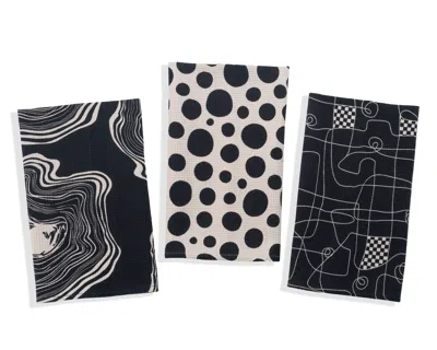 Tiramisu Monochrome Abstract Cotton Kitchen Towel Set In Black