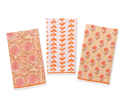 Tiramisu Marigold Block Print Cotton Kitchen Towel Set In Multi