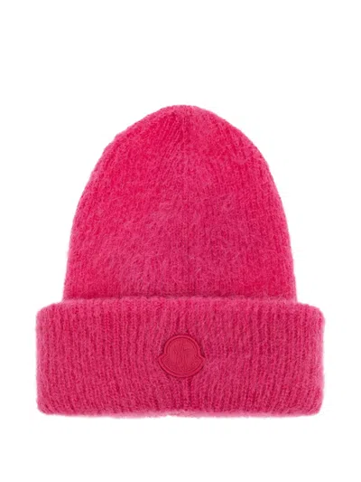 Moncler Logo-patch Mohair-blend Beanie In Pink